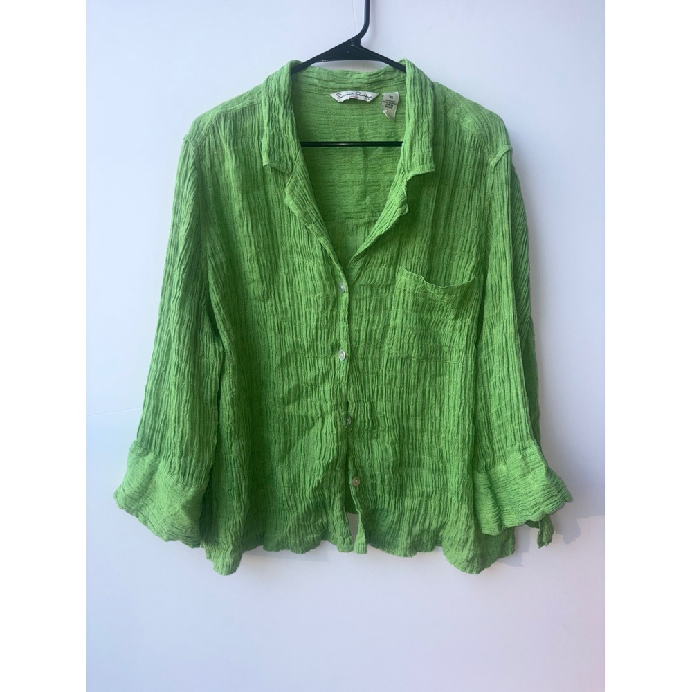 French Laundry Woman 100% Linen Crinkle Gauze Button Down Shirt Green Blouse